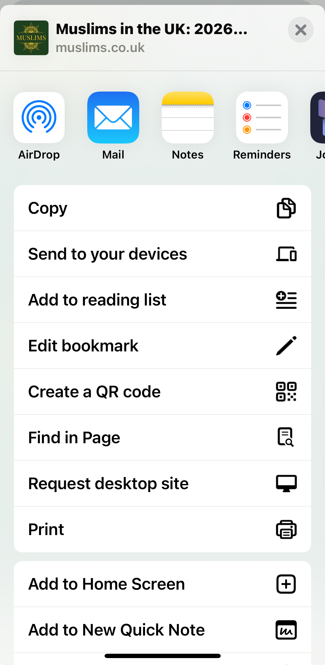 Muslims.co.uk iPhone add to home screen steps